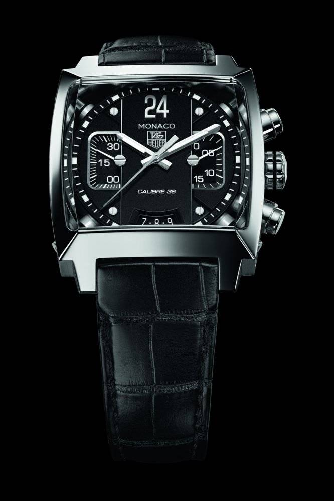 Tag Heuer Monaco Chronograph 39mm Watch - Black Dial - Embossed Black Rubber & Leather Band - Black Titanium Square Case