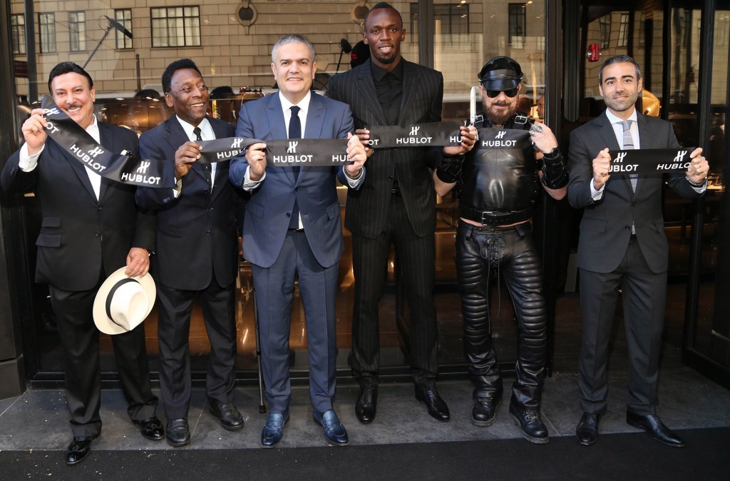 Carlito Fuente, Pelé, Ricardo Guadalupe (CEO of Hublot), Usain Bolt, Peter Marino and Jean-François Sberro (General Manager of Hublot America) at Hublot 5th Avenue (NYC) Boutique