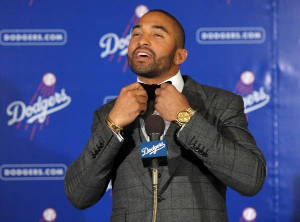 Matt Kemp wearing a Gold Rolex Presidential for the Signing of LA